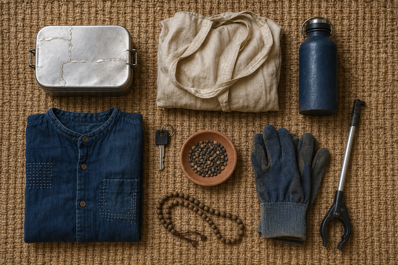Reusable containers, a cloth bag, a mended garment, seeds, work gloves, a litter tool, and wooden prayer beads are arranged on a woven mat.