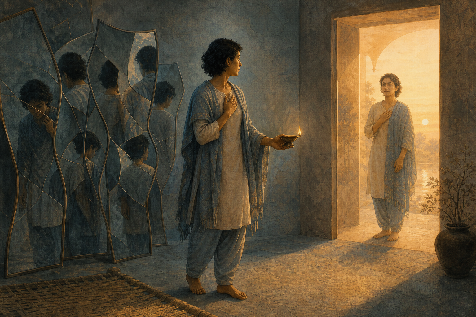 A person holding a small oil lamp stands between warped mirrors and a clear reflection in a sunlit doorway.