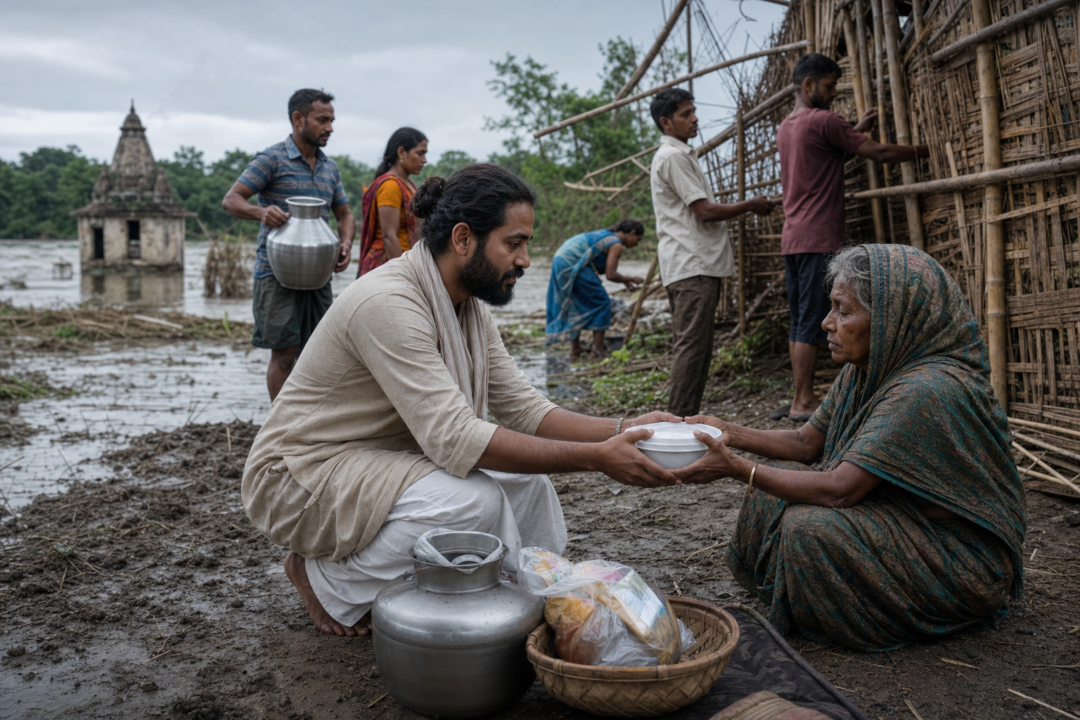 Volunteers distribute food and water and repair a damaged wall beside a flooded riverside settlement under an overcast sky.