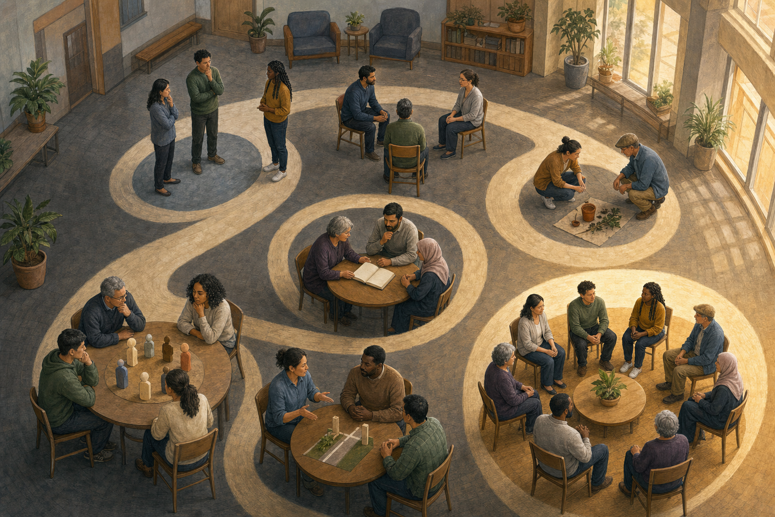 A spiral sequence in a community hall shows people listening, checking evidence, consulting law, assessing harm, and reaching mediation.
