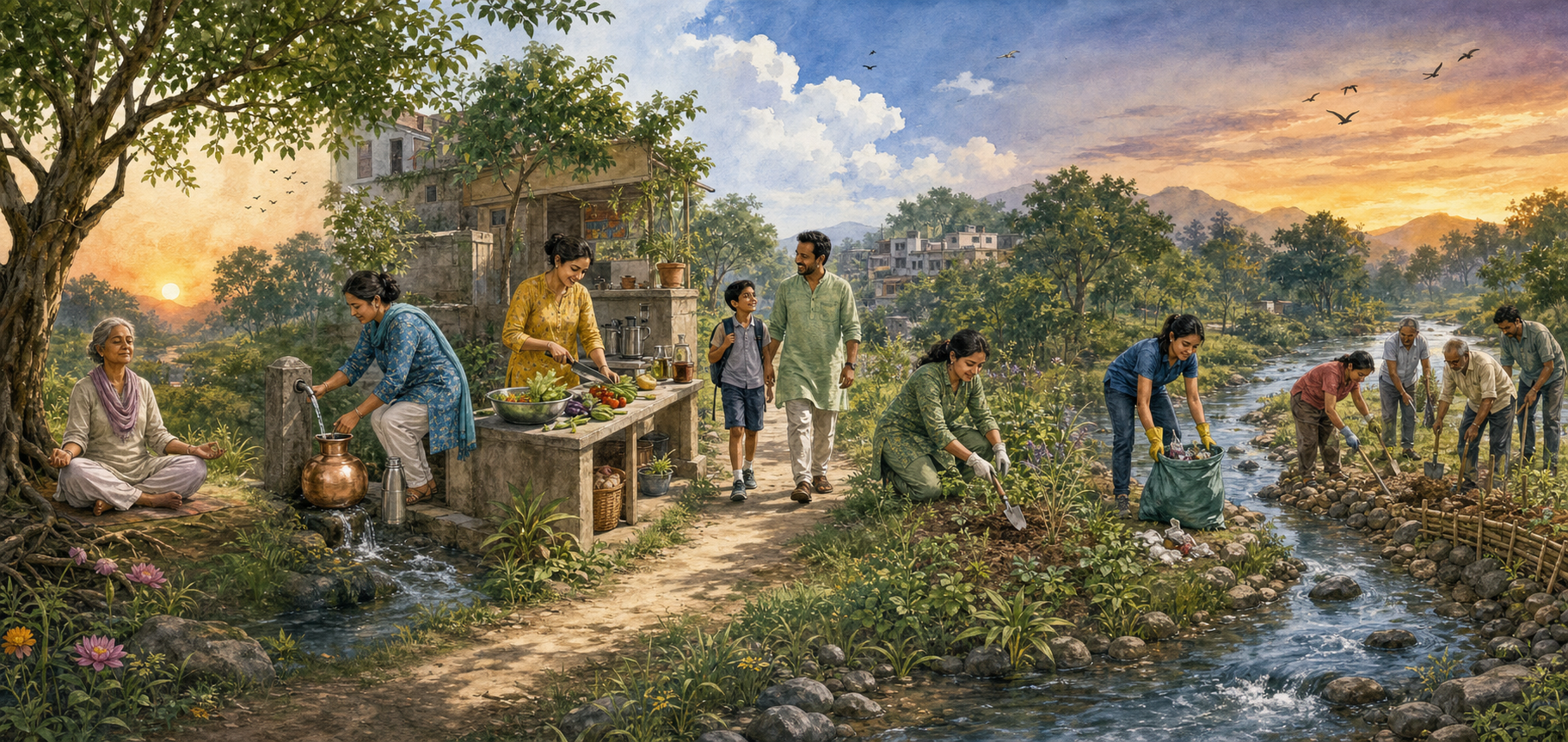 Seven connected scenes show people meditating, conserving water, cooking a plant-rich meal, walking, gardening, collecting litter, and restoring a riverbank.
