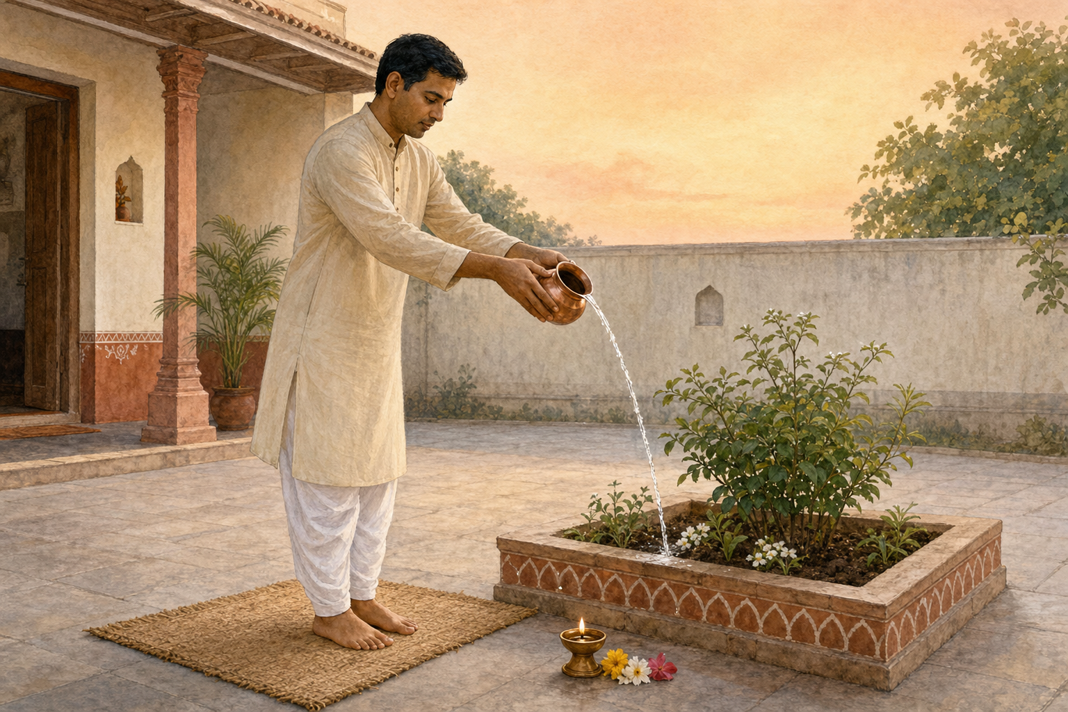 A barefoot practitioner pours a narrow stream of water into a planter during a simple dawn ritual in a clean courtyard.