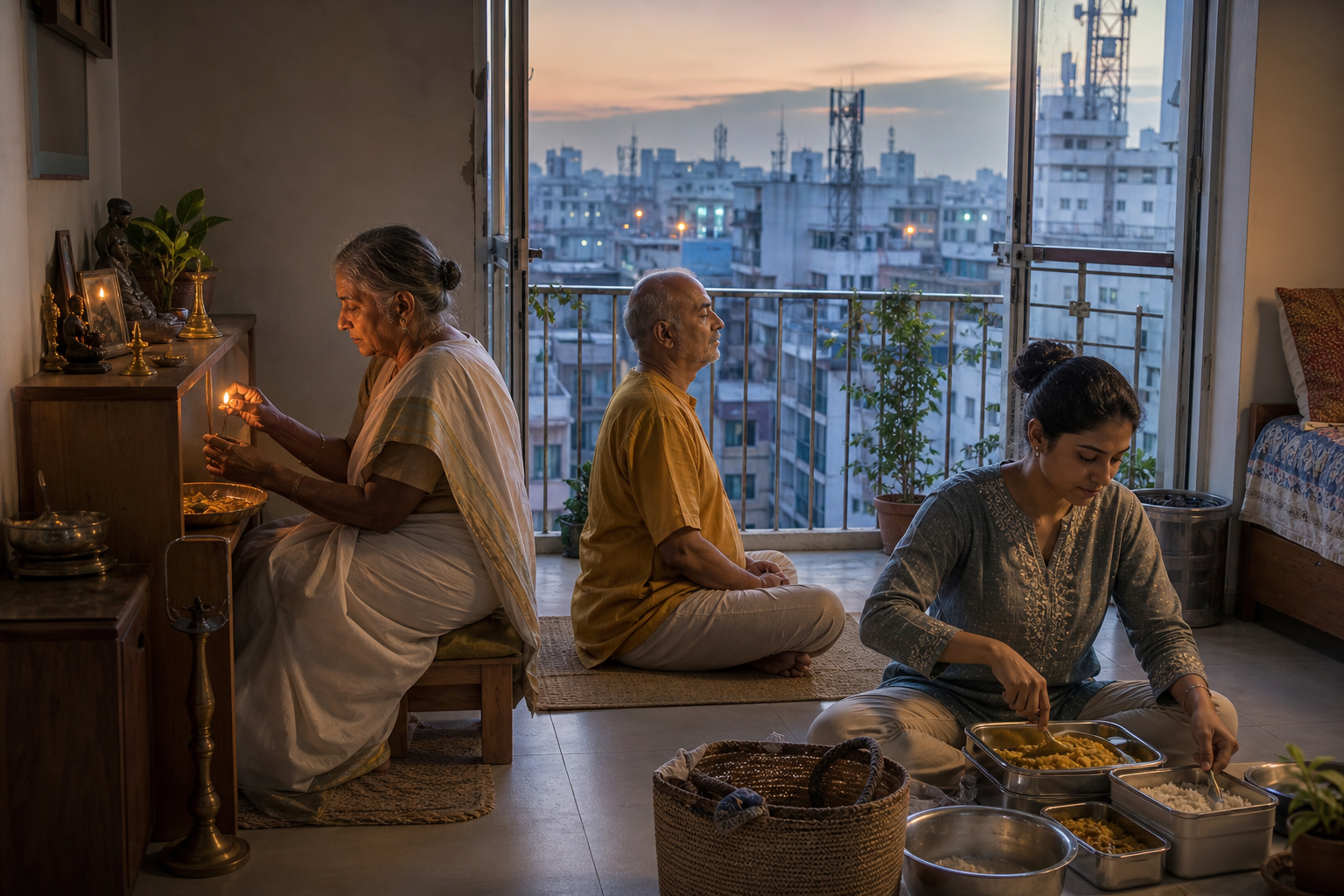 Three family members light a clay lamp, meditate, and prepare donated food in a small apartment overlooking a dense city at dawn.