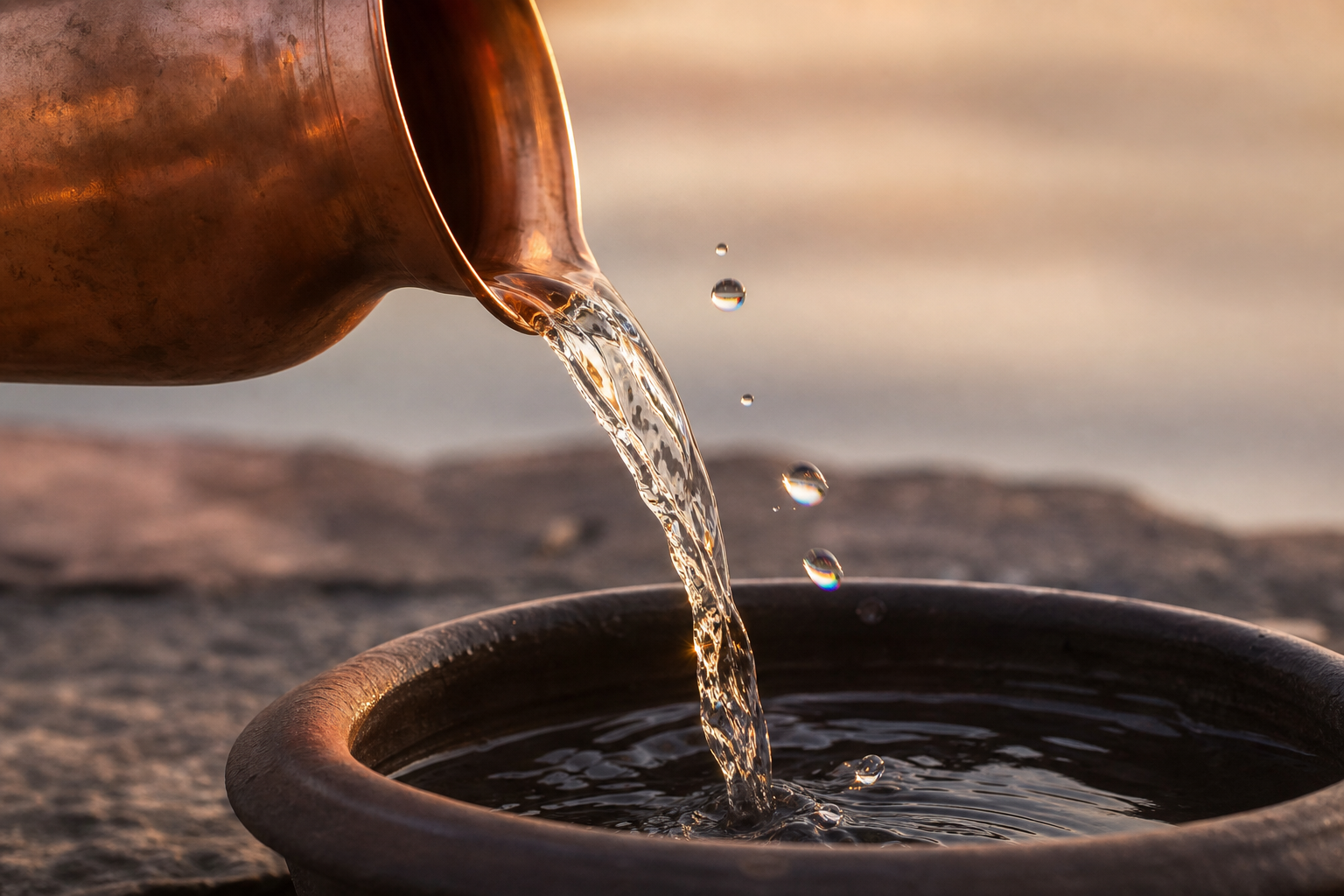Sunrise light reflects through a clear stream of water flowing from a copper vessel into an earthen basin.