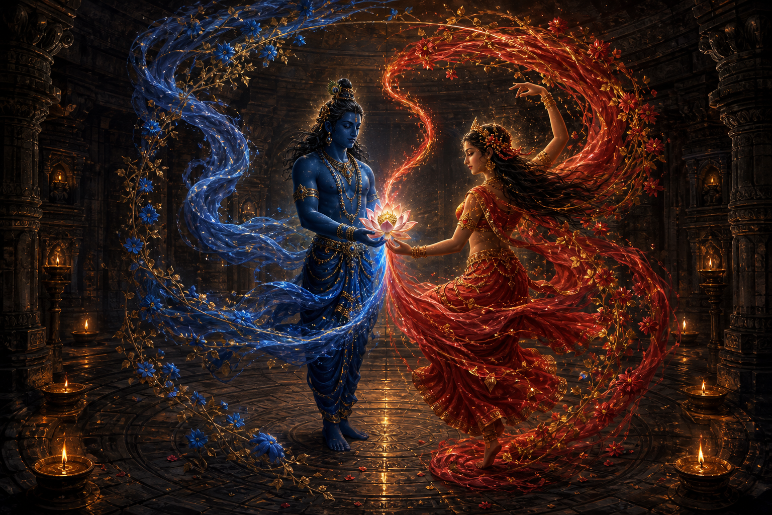 A blue divine figure and a crimson-gold feminine figure encircle one glowing lotus inside a lamp-lit temple space.