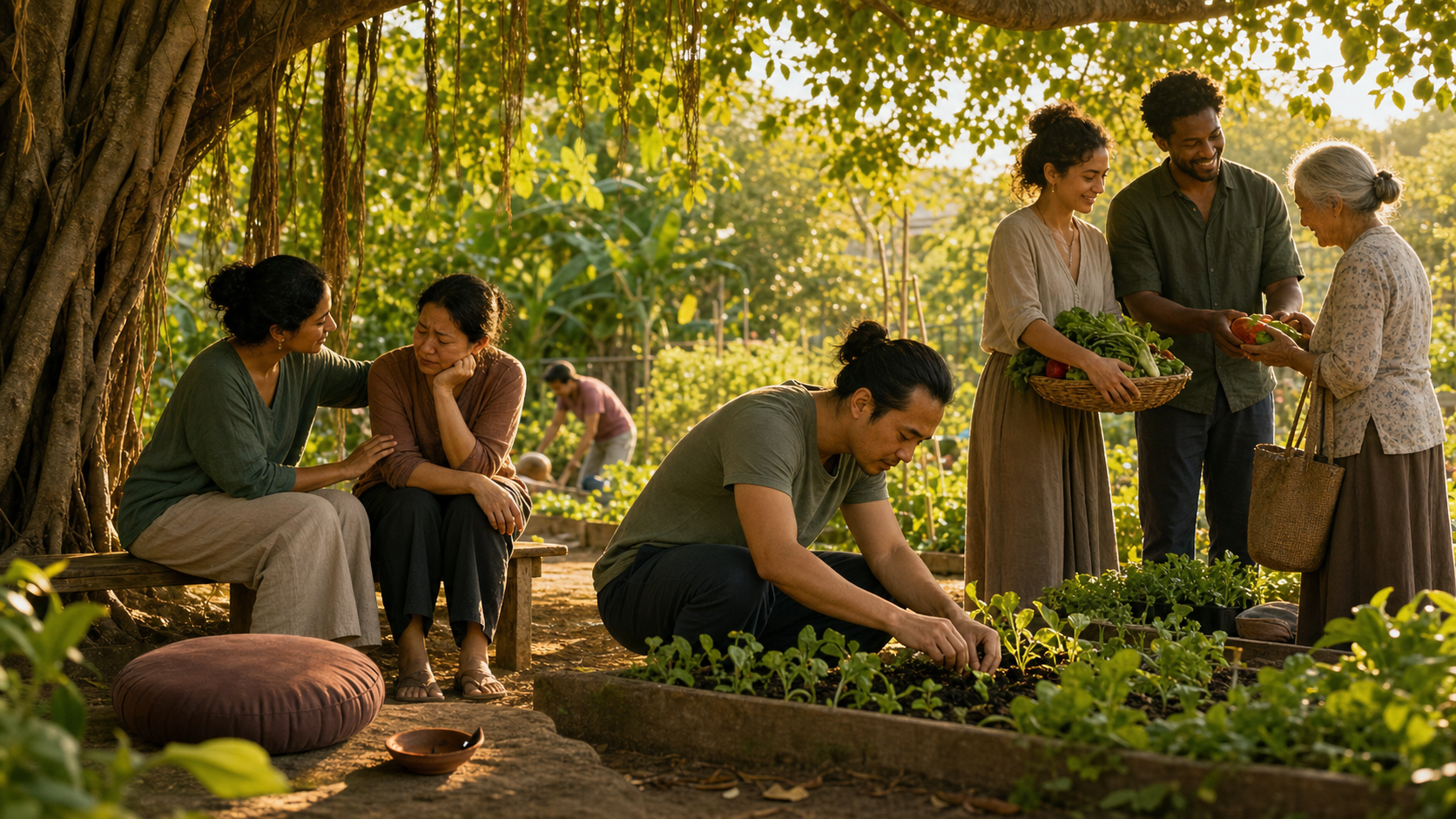 Neighbors tend seedlings, offer emotional support, and share produce in a community garden beneath a banyan tree at sunset.