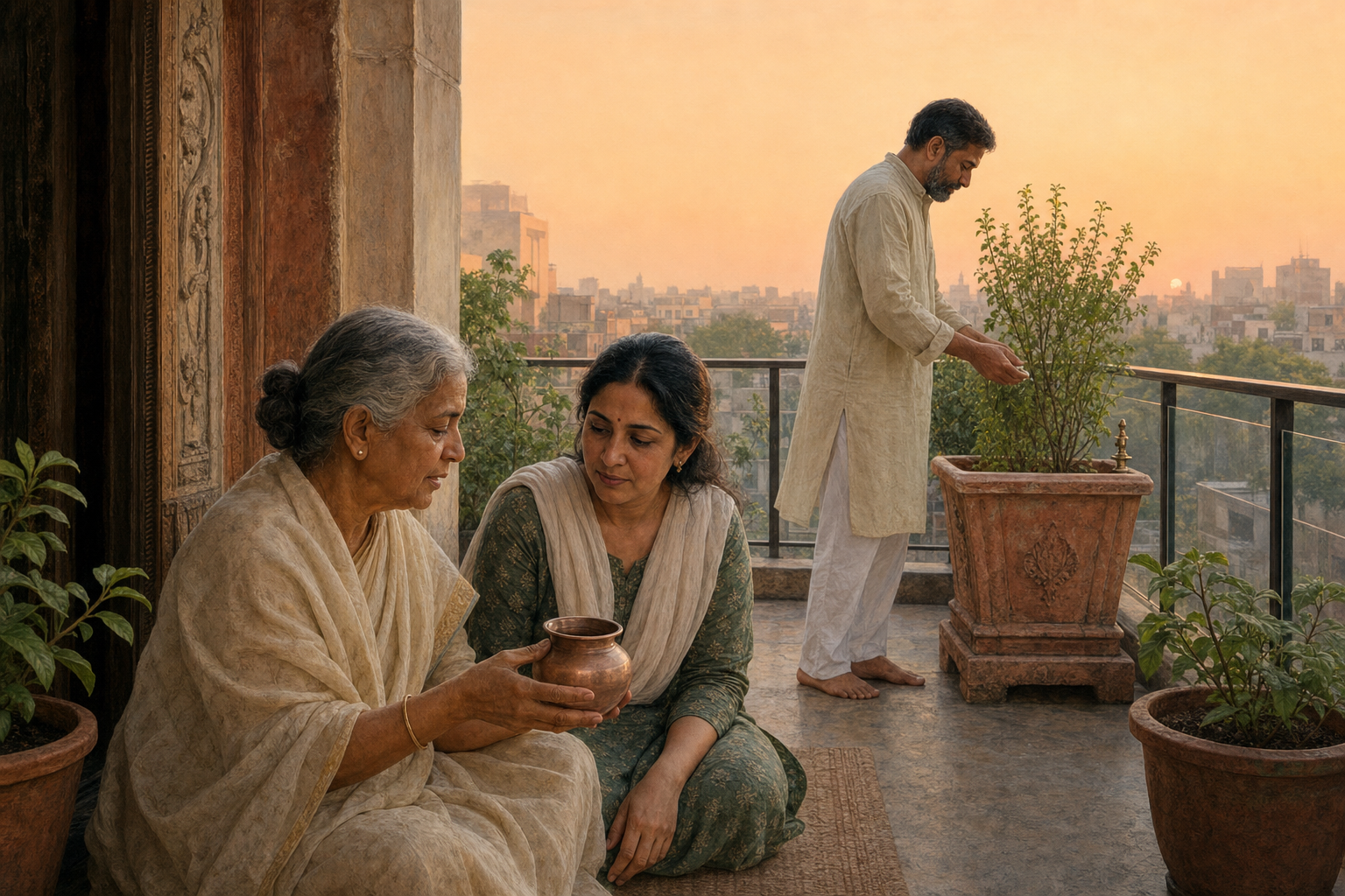 Three adult family members share a dawn water-offering practice on a modern terrace with potted plants and a distant city.