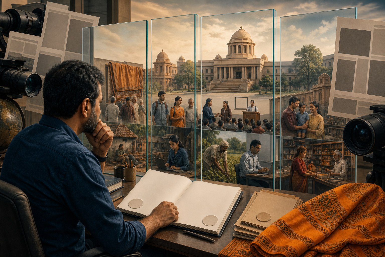 An Indian reader examines separate layers showing cultural identity, a government institution, a policy document, and citizens while international media cameras frame the scene.