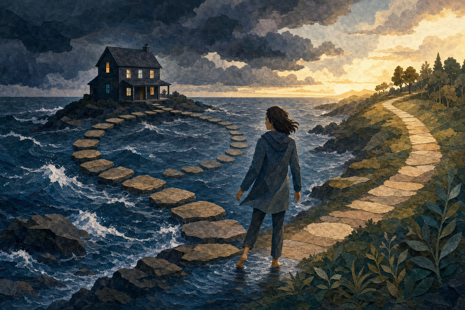 A hesitant person stands by rough water between a circular stone path to a distant house and a calmer path leading toward sunlit trees.