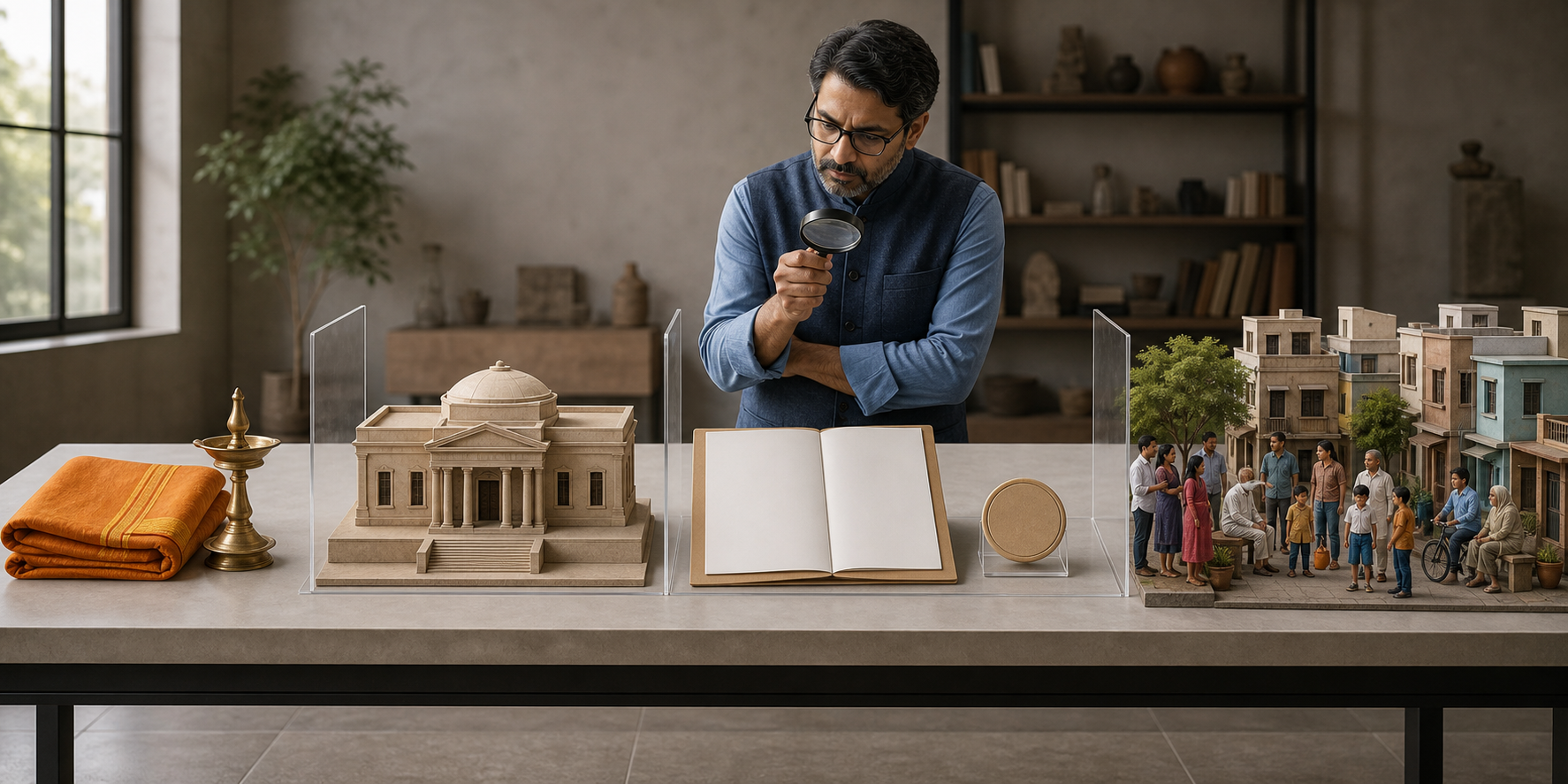 A researcher studies four separated displays containing cultural objects, a civic building model, blank policy papers, and a group of citizens.
