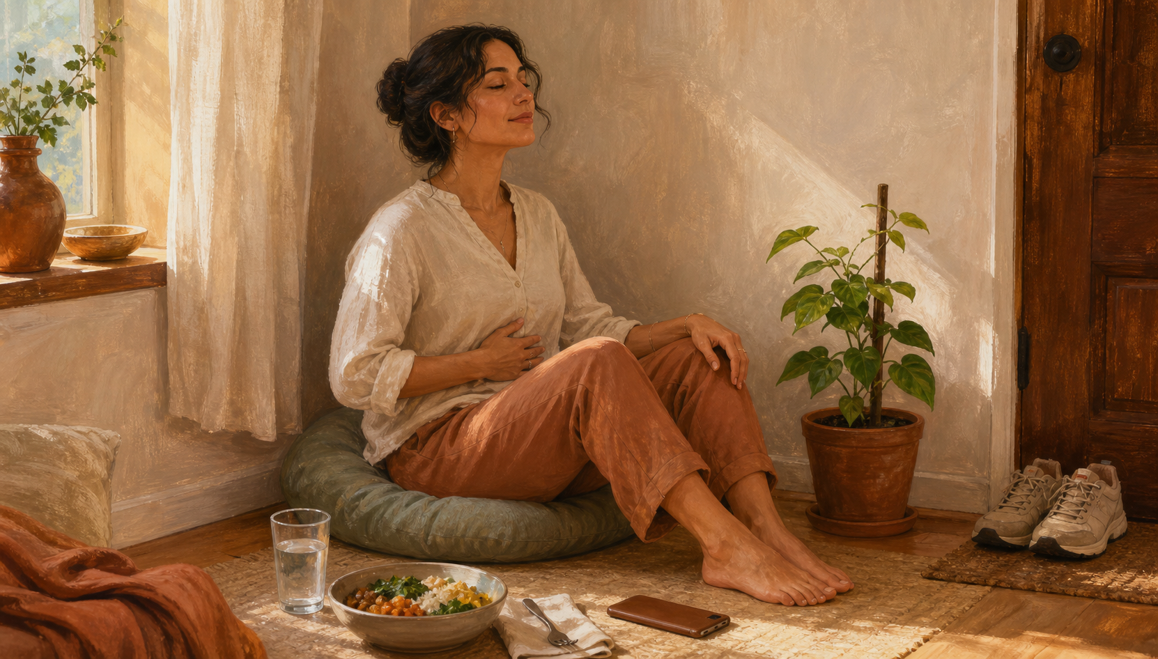 A person practices slow breathing on a floor cushion beside water, walking shoes, a simple meal, and a supported plant.