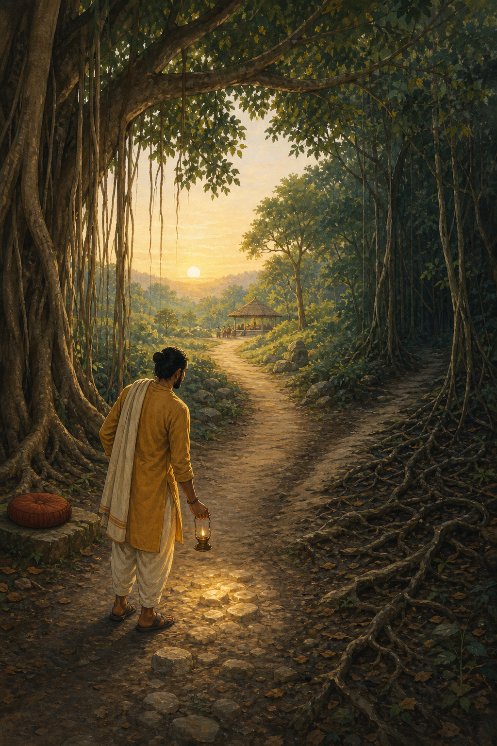 A person with a small lamp studies two forest paths beneath a banyan tree, with one route opening toward a distant shelter.