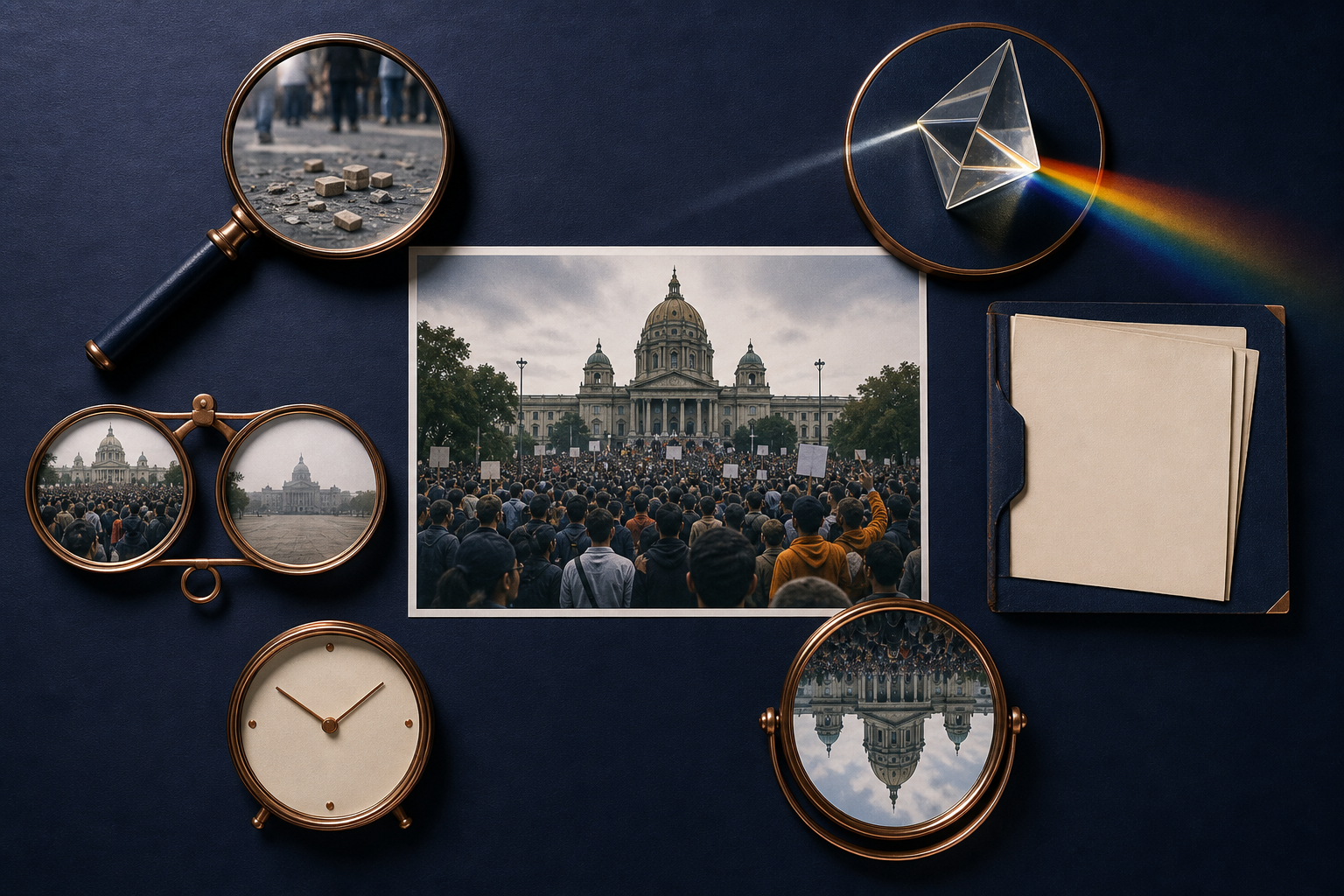 Six optical and research tools surround an unlabelled image of a civic event on an investigator's desk.
