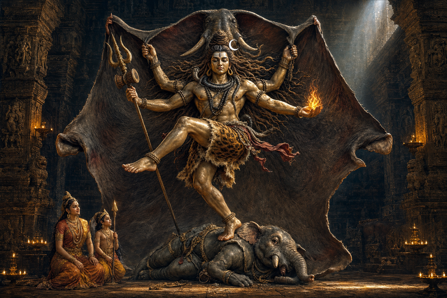 Many-armed Shiva dances over the subdued elephant demon while holding its enormous hide open behind his body, as Parvati and Skanda watch inside a temple.