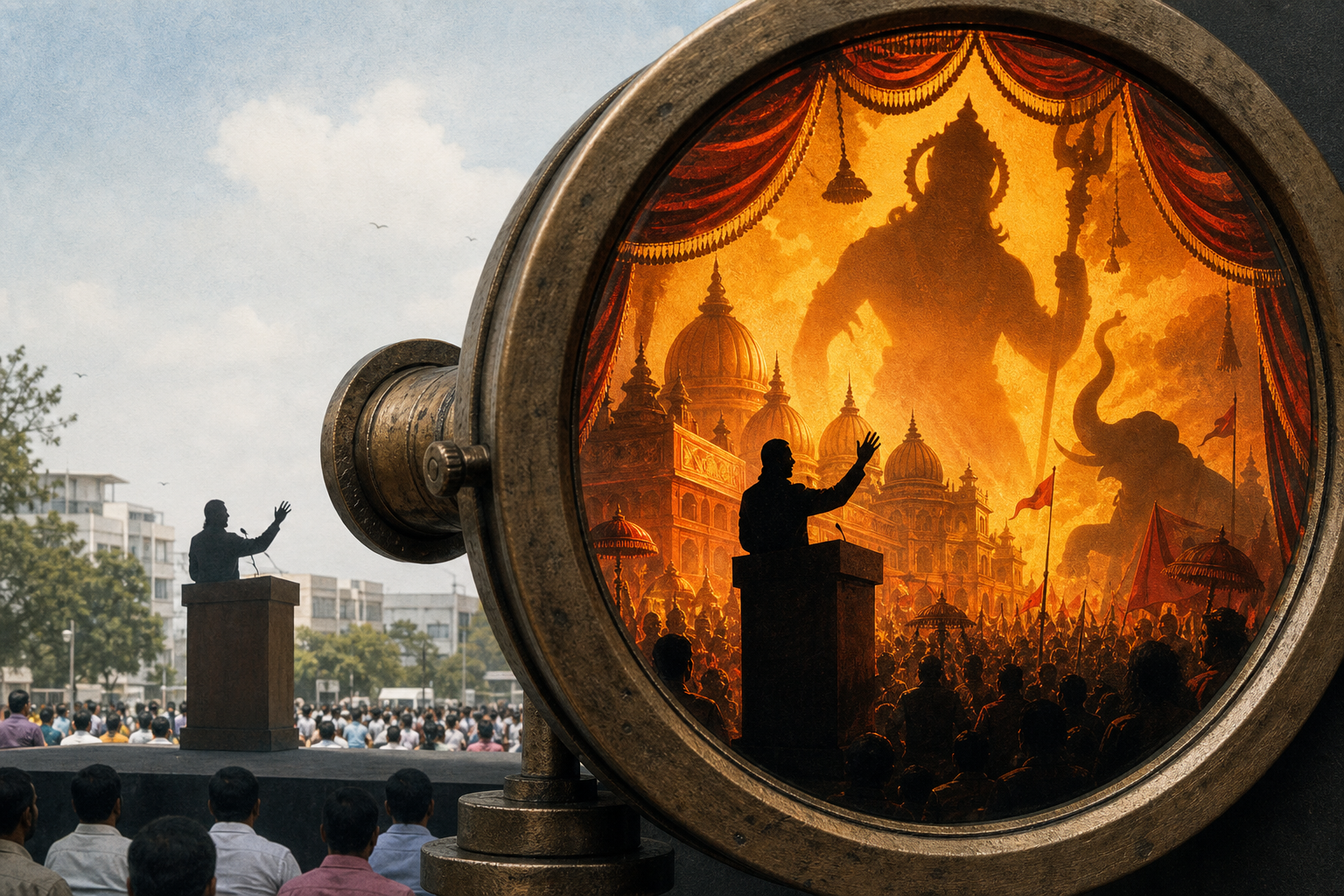 An antique viewing device transforms a calm modern Indian political gathering into an exaggerated theatrical spectacle.