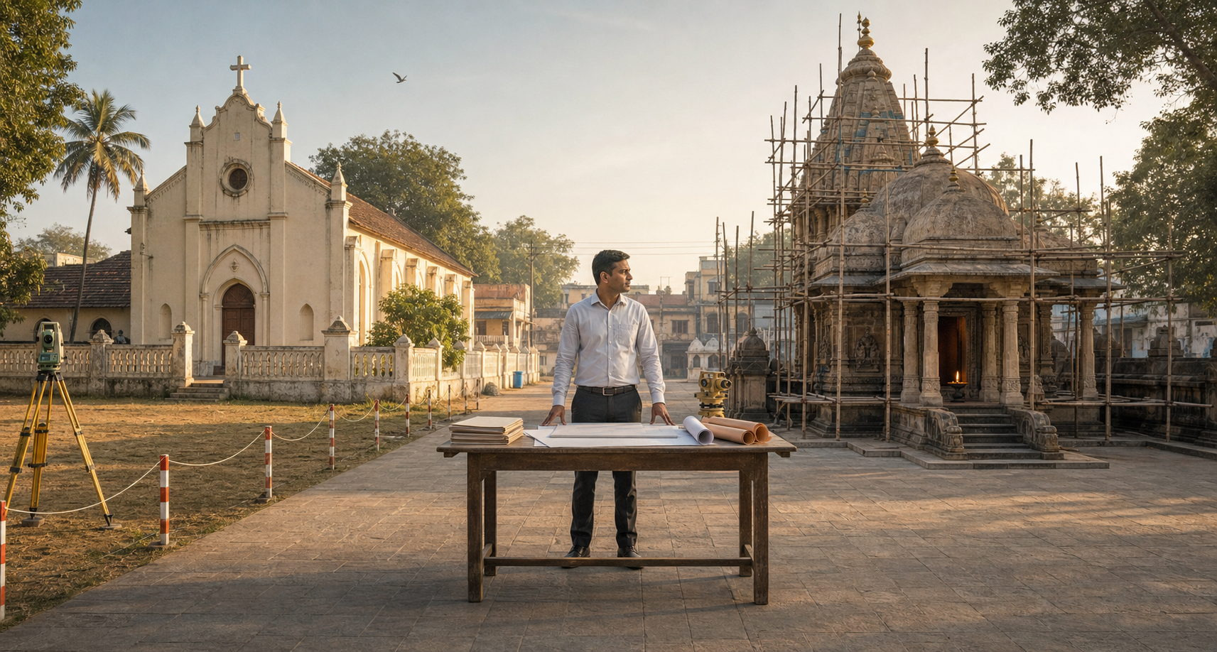A public administrator stands between a surveyed church property and a Hindu temple undergoing renovation, with land records and building plans on a central table.