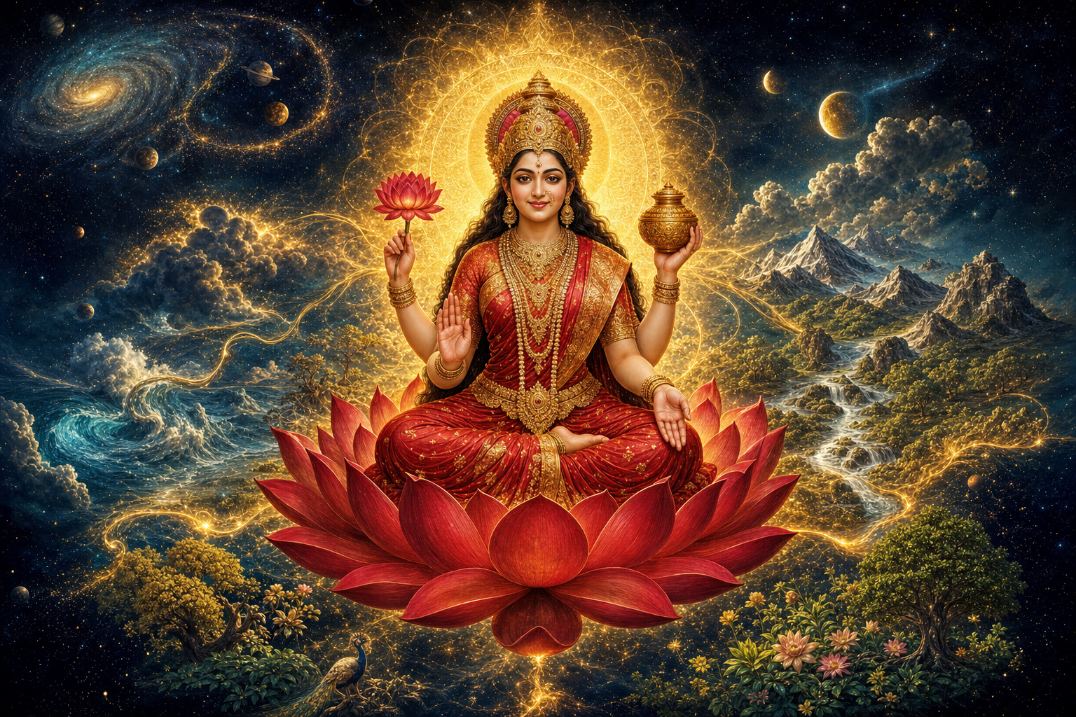 Mahalakshmi sits on a crimson lotus in a dark cosmic expanse as stars, clouds, mountains, rivers, and plants emerge from her golden radiance.