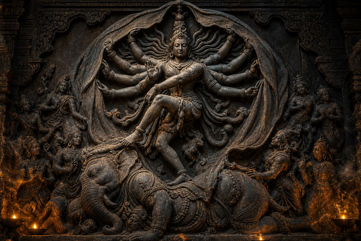 A stone-relief scene shows the defeated elephant demon below while Shiva raises its hide into a balanced frame for his sacred dance.