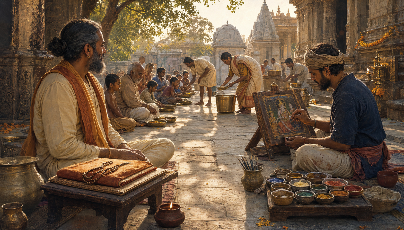 A devotee studies beside prayer beads while an artisan paints a devotional panel and volunteers serve a meal in a temple courtyard.