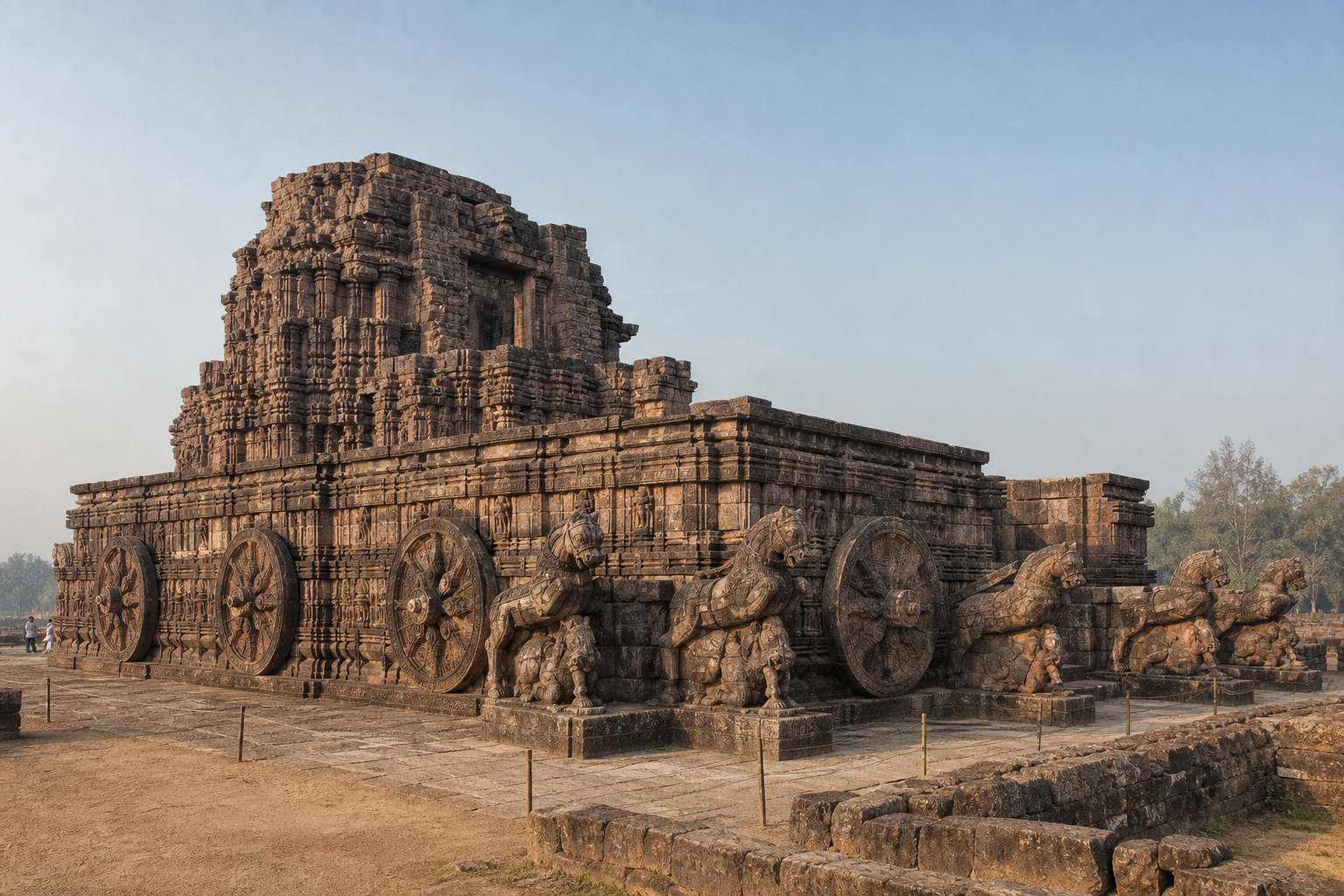Wide early-morning view of the surviving Konark Sun Temple rising above its wheel-lined stone platform, with carved horses and visitors visible for scale.