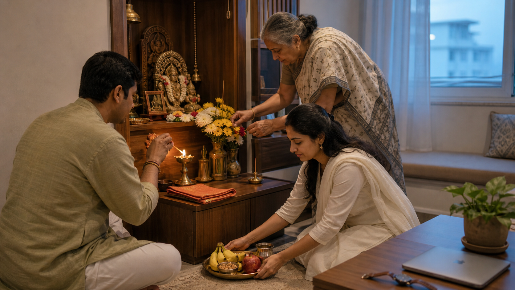 A multigenerational Hindu family prepares for a festival observance at dawn with a lamp, flowers, fruit, nuts, and water beside a home shrine.