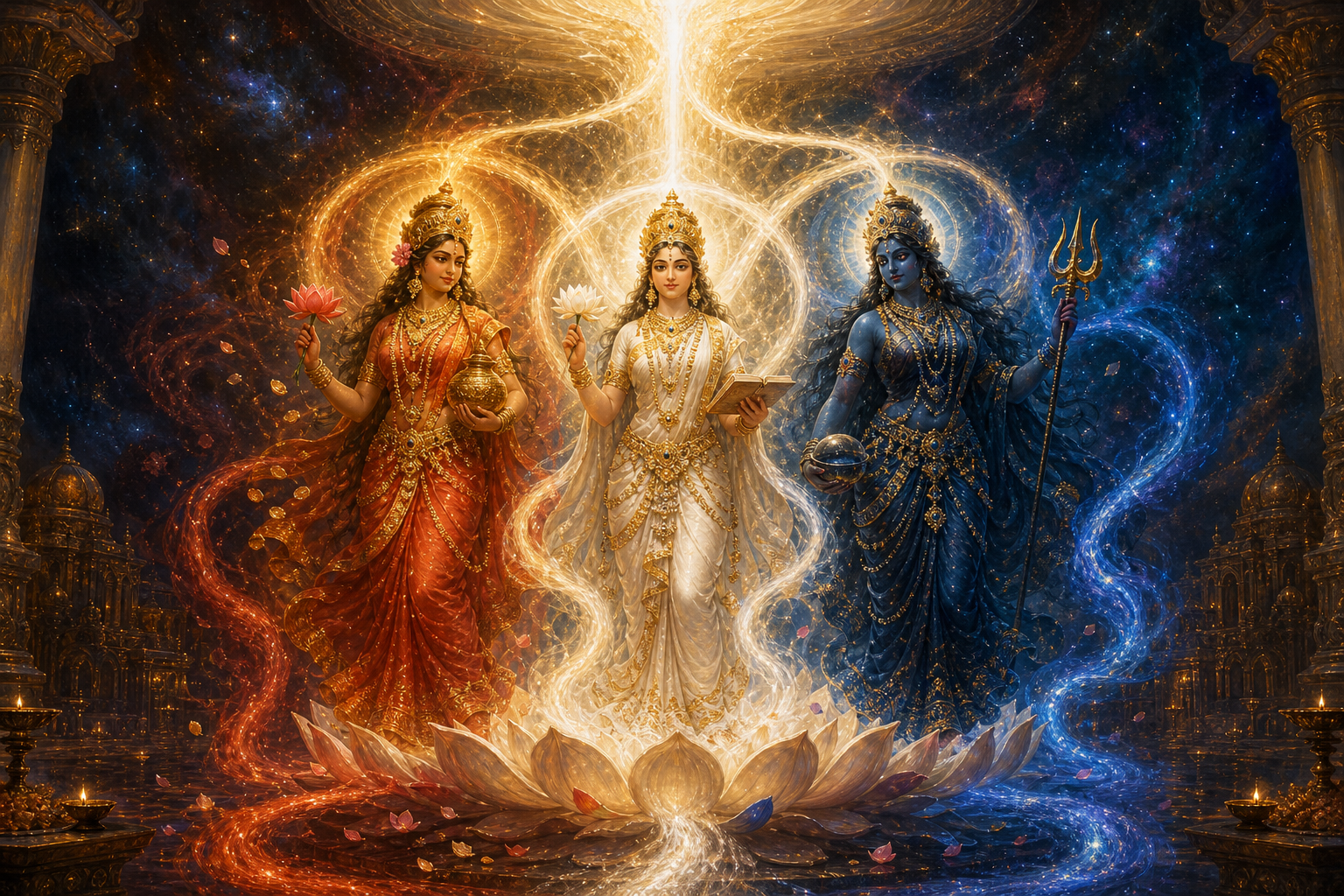 Three goddess forms in golden red, midnight blue, and ivory white emerge from and remain connected to one column of white-gold light.
