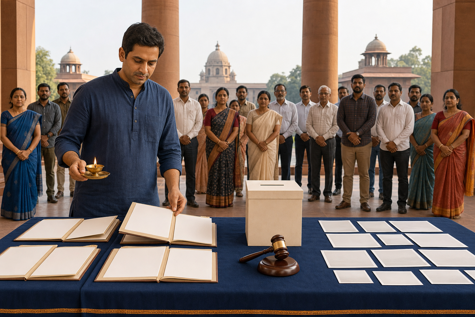 A Hindu civic supporter holds a brass lamp while keeping public records open for inspection before citizens and observers.