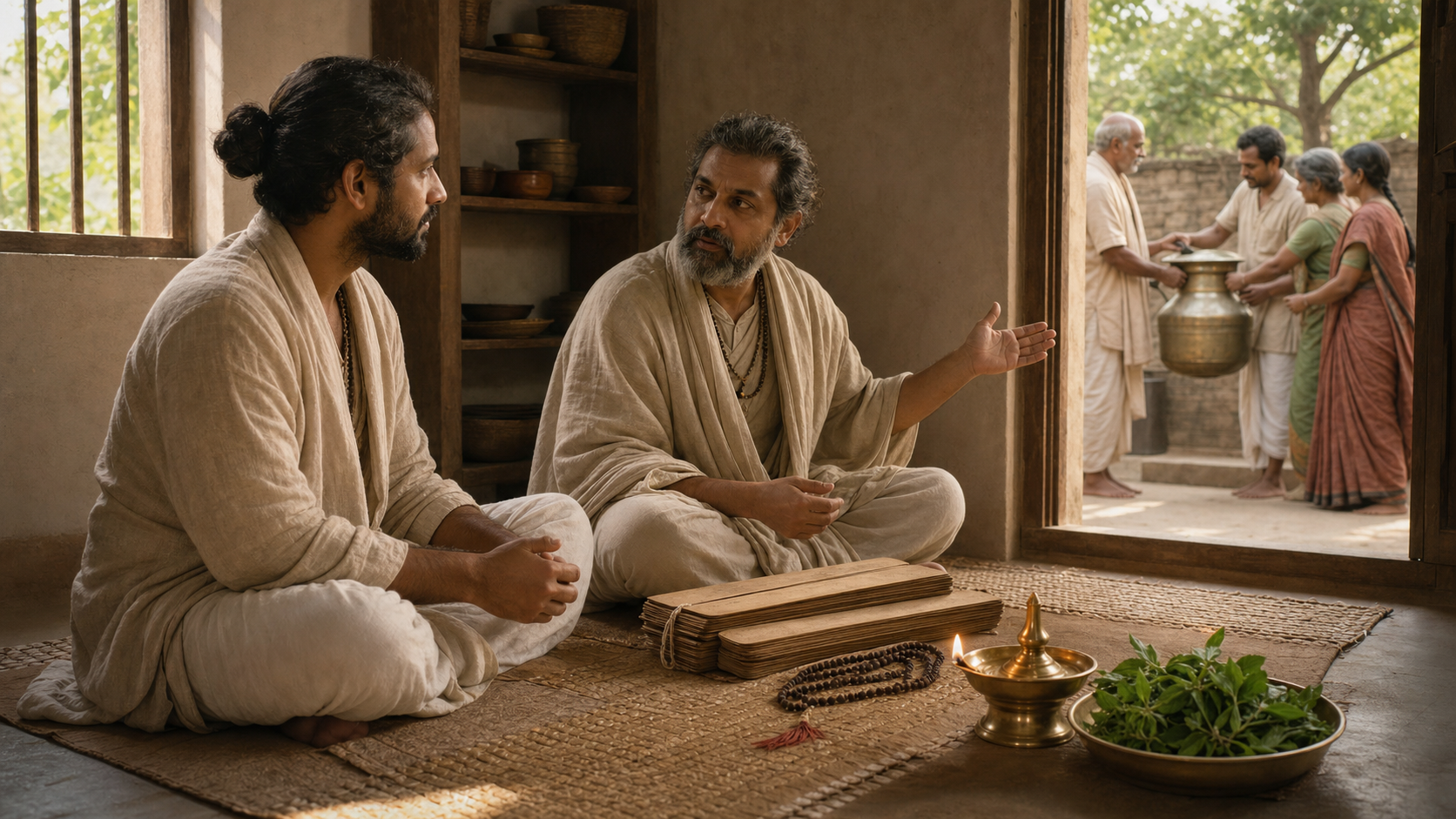 Two practitioners discuss devotional study beside a lamp and prayer beads as neighbors share water outside.