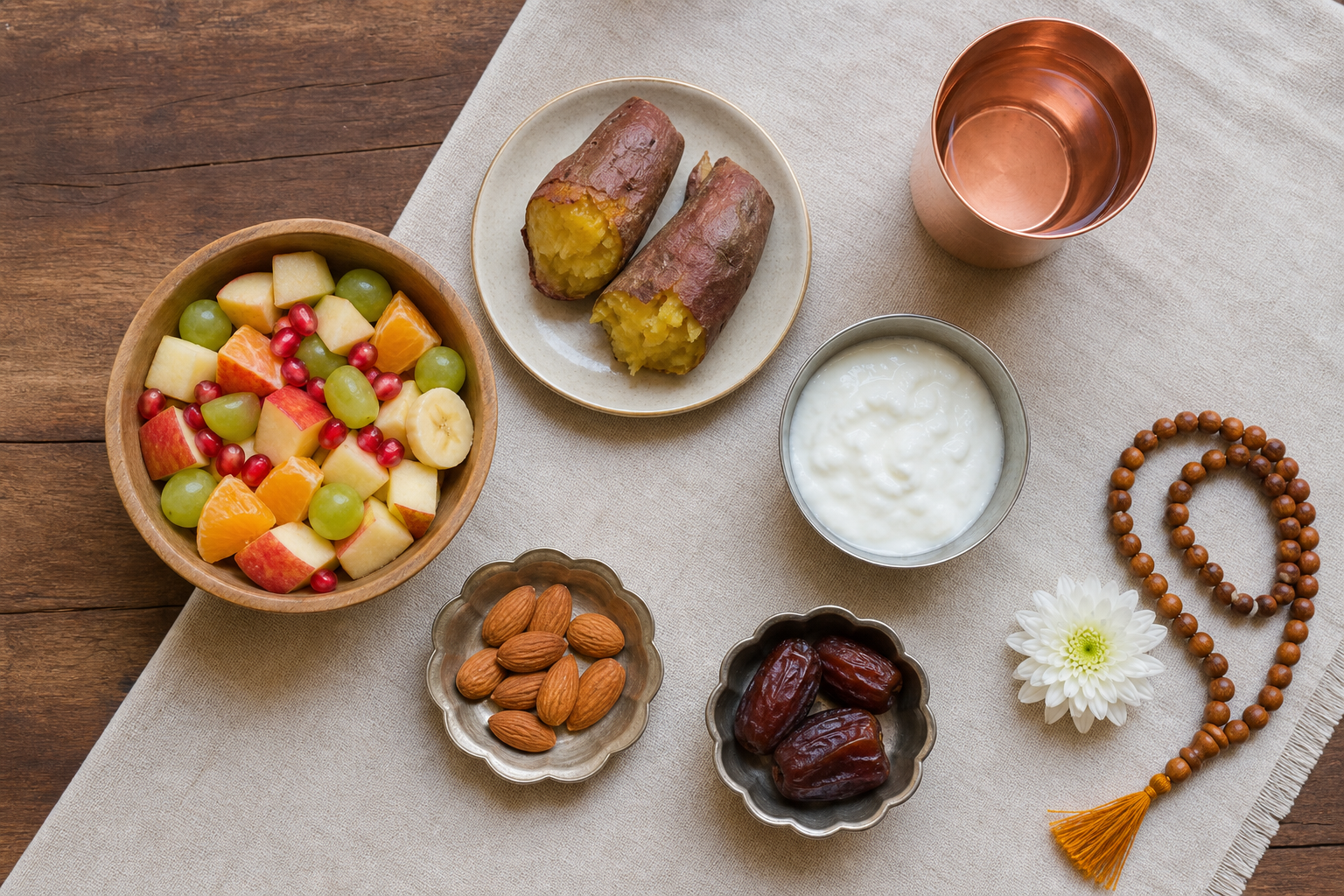A modest phalahari meal of fruit, sweet potato, yogurt, soaked almonds, dates, and water is arranged beside prayer beads and a flower.