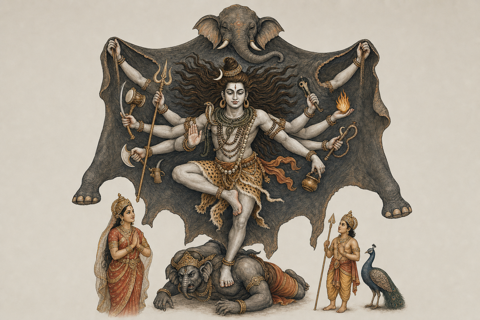 An iconographic study shows Shiva's body, many arms and dancing feet enclosed by the recognizable head, ears, trunk and legs of a stretched elephant hide.