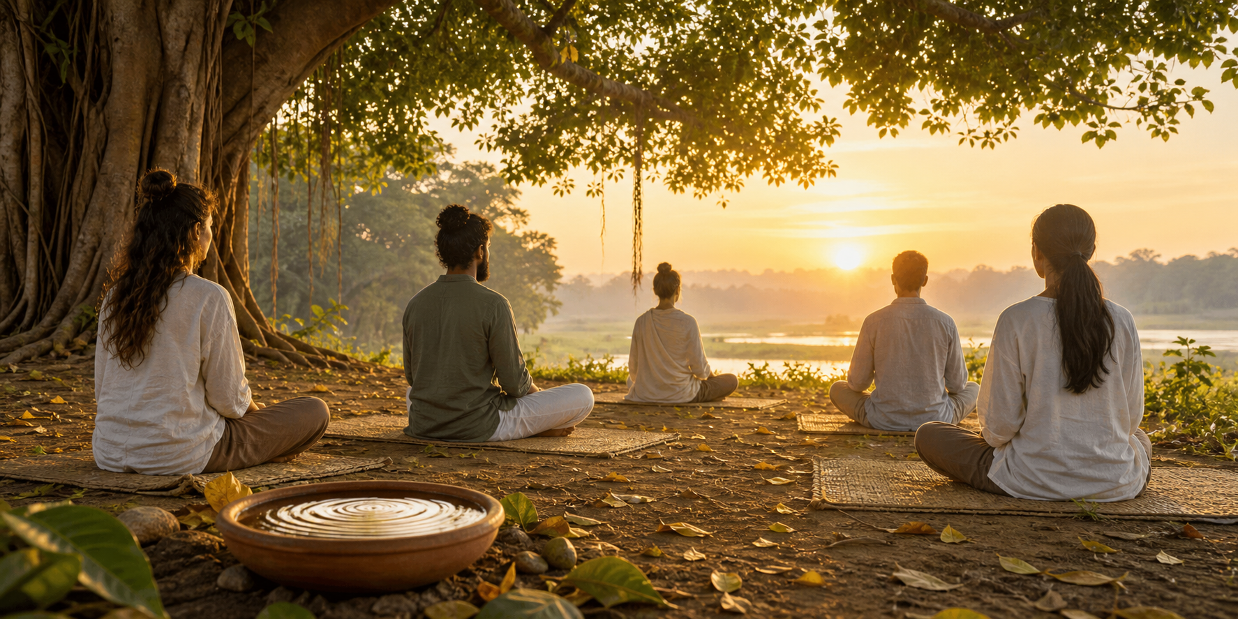 A small group meditates beneath a broad tree beside a clay water bowl with ripples on its surface.