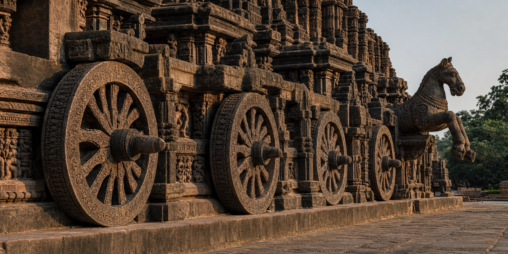 Oblique view of carved wheels and a stone horse integrated into the massive chariot-shaped platform of the Konark Sun Temple.