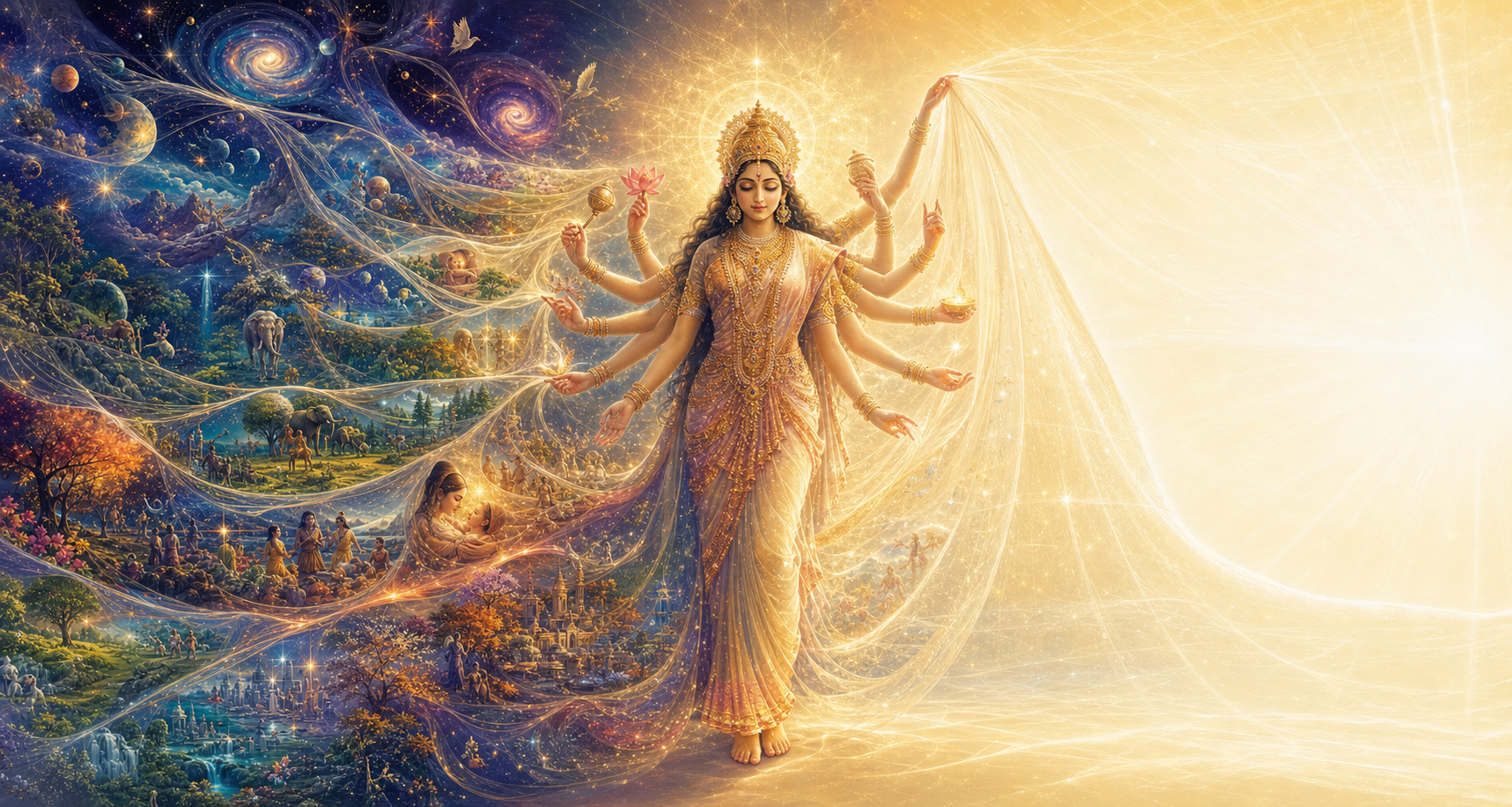 A goddess stands between a colorful world unfolding from her translucent veil and a spacious field of golden-white light revealed behind it.