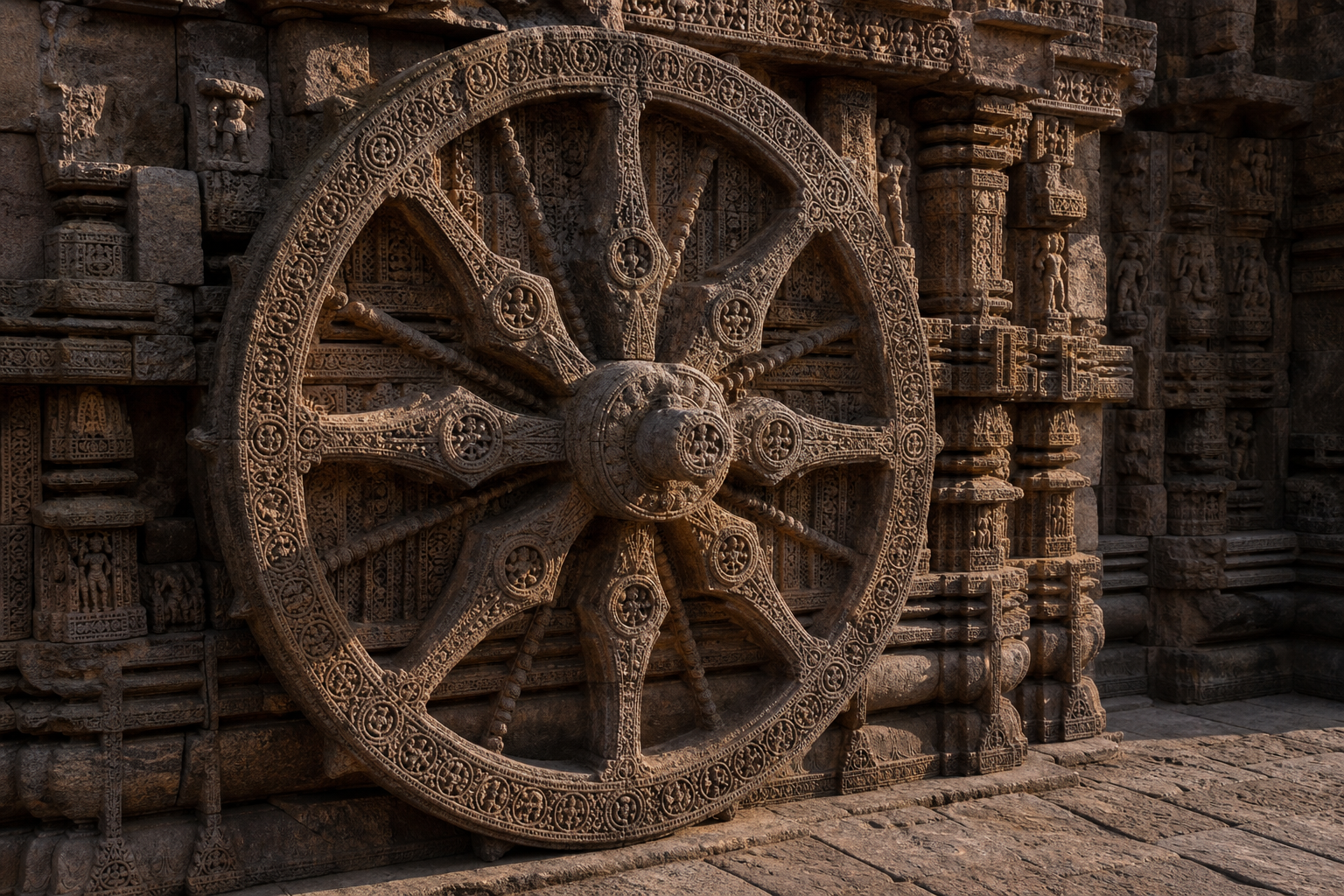 Close view of a carved Konark temple wheel with its hub, spokes, decorated rim, and shadows created by angled morning sunlight.