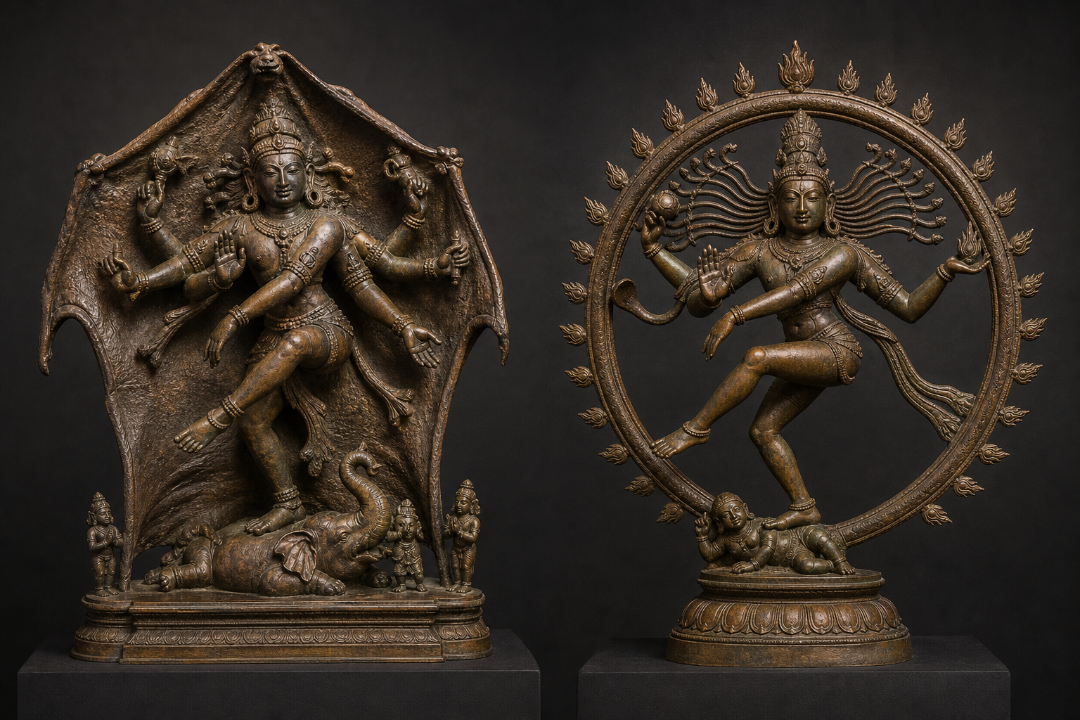 Two bronze Shiva dance forms stand side by side: Gajasurasamhara framed by an elephant hide and Nataraja encircled by a ring of flames.