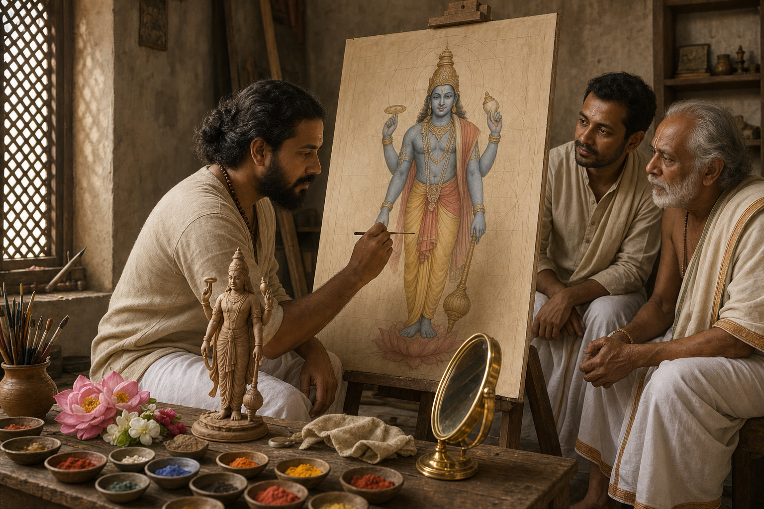A sacred artist paints a devotional panel while a patron and temple practitioner review the unfinished work.
