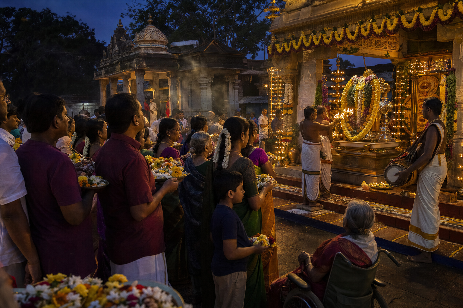 Devotees of different ages offer flowers and join an evening lamp ritual with priests, volunteers, and a drummer in a temple courtyard.