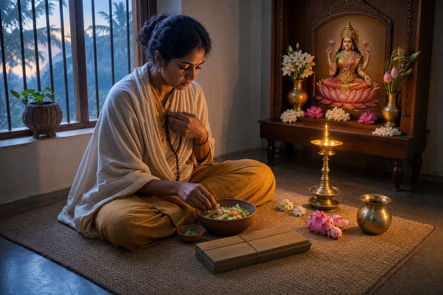 A seated practitioner studies and prays before a small Mahalakshmi shrine, surrounded by prayer beads, an oil lamp, a closed palm-leaf manuscript, and a bowl of food.