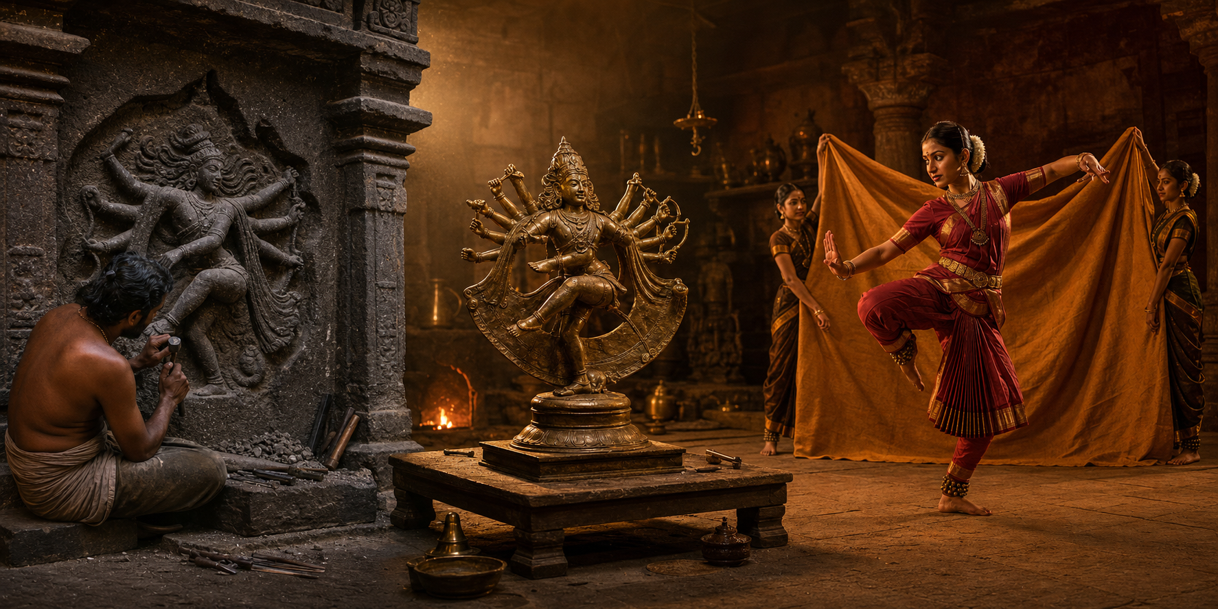 A connected scene shows the elephant-hide dance interpreted in carved stone, cast bronze and a classical dance performance using an arched cloth backdrop.