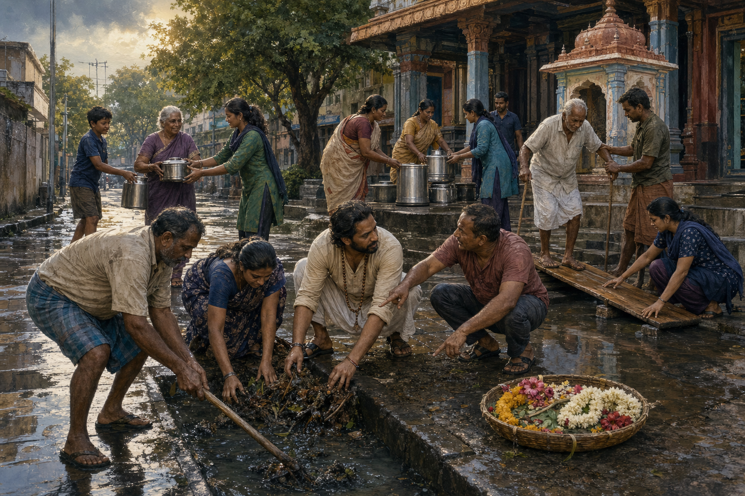Devotees and residents clear a rain-blocked drain, deliver food, and help people cross a temporary footbridge near a temple.