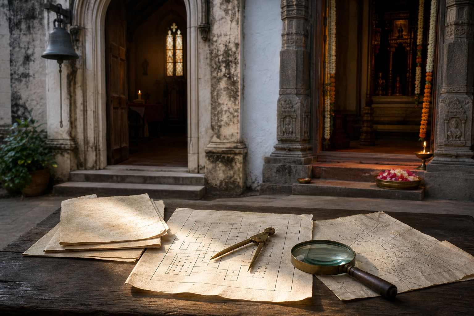 Unmarked property records, a survey compass, and a magnifying glass sit before softly focused church and temple entrances used for worship.