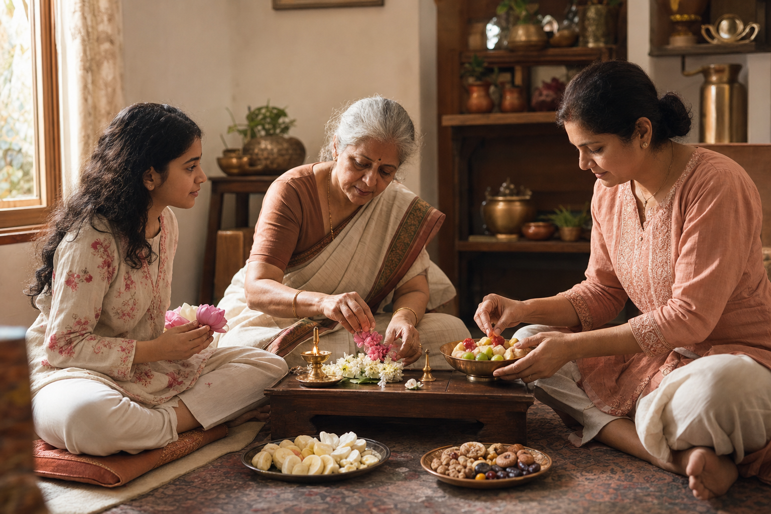 Three generations share a home puja as an elder arranges flowers, an adult prepares fruit, and a younger family member participates.