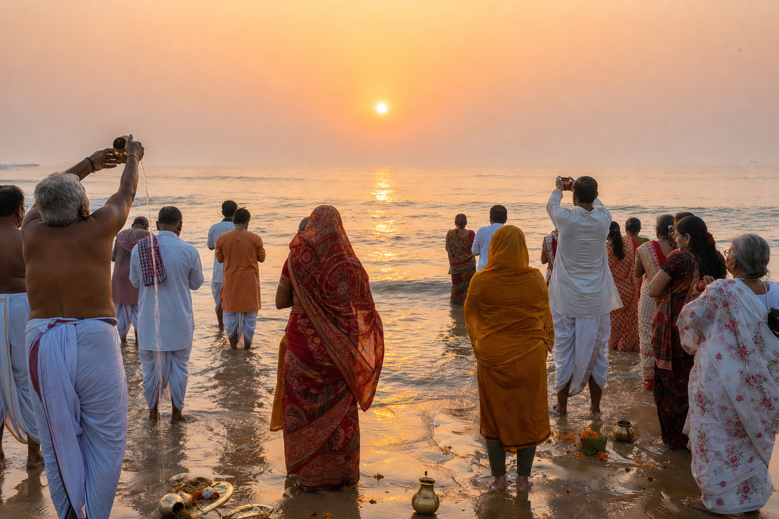 Pilgrims facing the sunrise and making water offerings at Chandrabhaga beach near Konark.