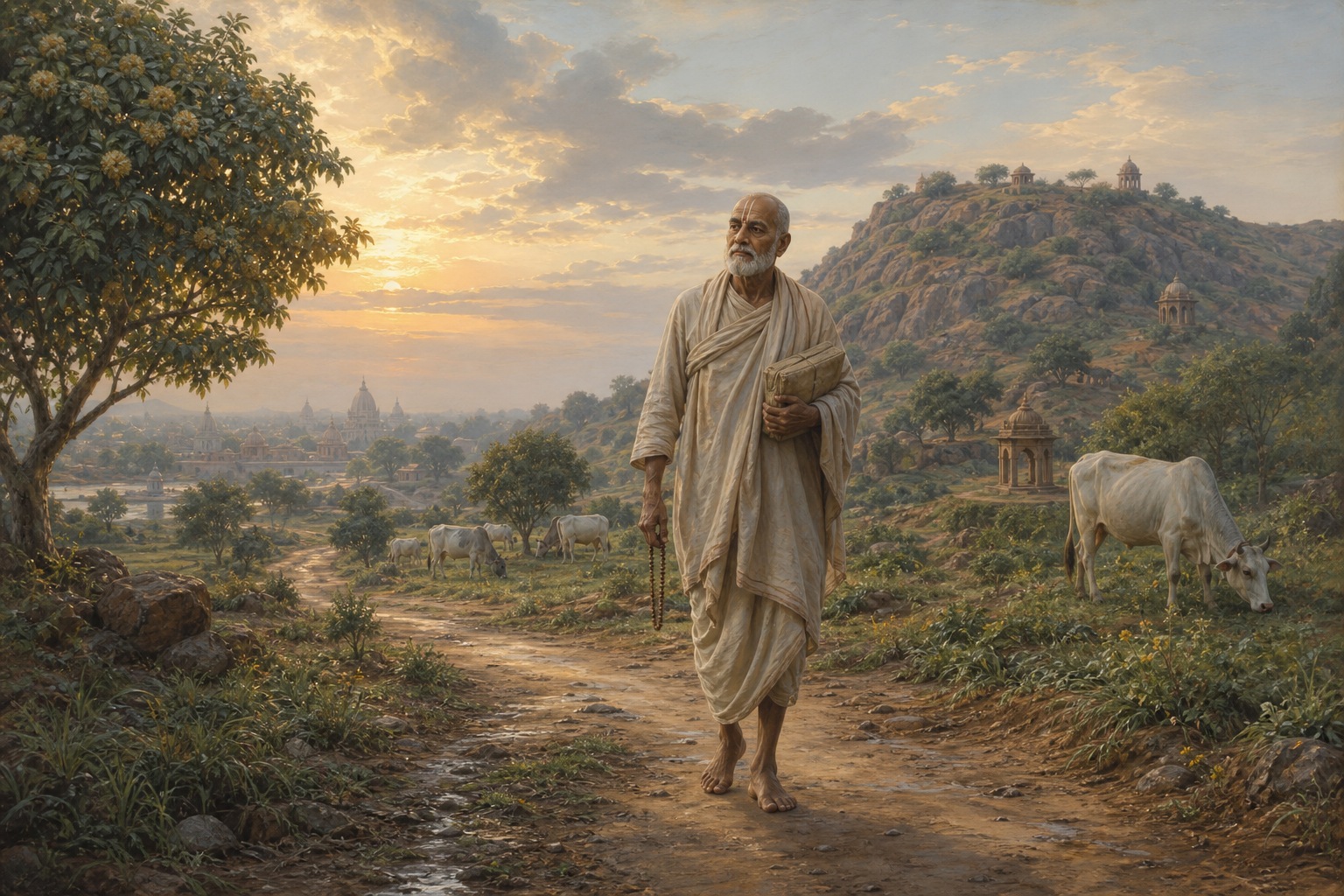 Artistic depiction of Sanatana Gosvami walking with prayer beads and a manuscript bundle through the Braj landscape near Govardhan Hill at dawn.