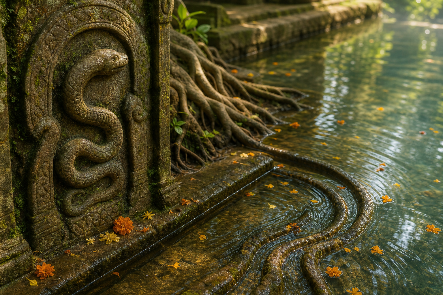 A stone serpent relief beside a temple pond, surrounded by tree roots, water channels, and floating marigold petals.