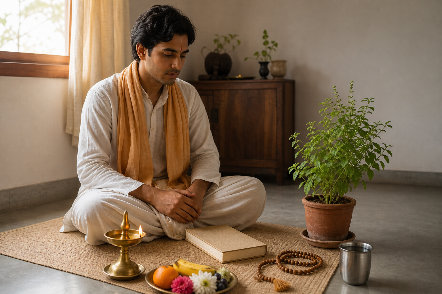 A devotee sits on a floor mat beside a simple home arrangement with a sacred book, prayer beads, oil lamp, fruit, flowers, water, and a tulasi plant.