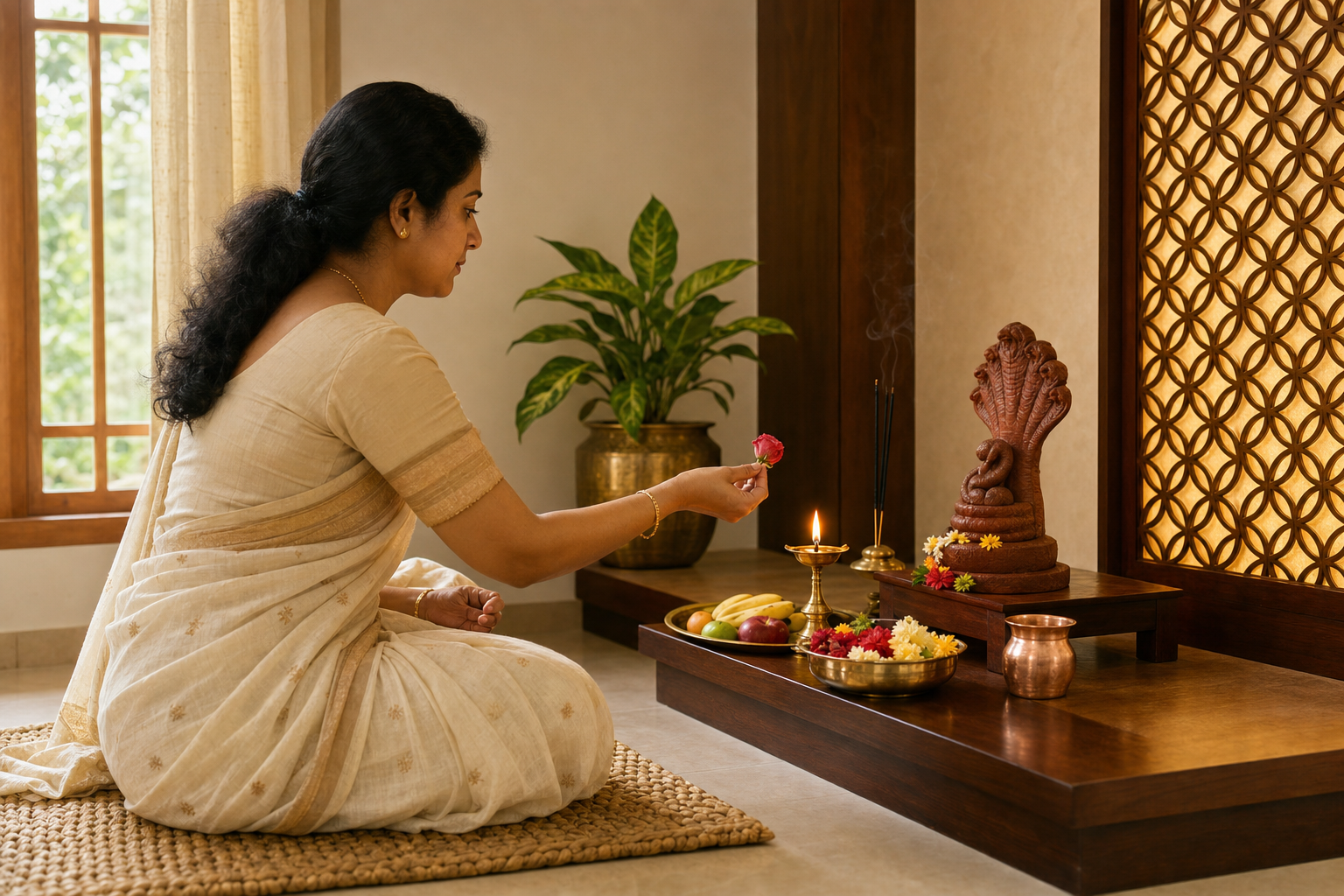 A seated worshipper offers a flower at a small home altar with a clay naga image, lamp, fruit, and water.