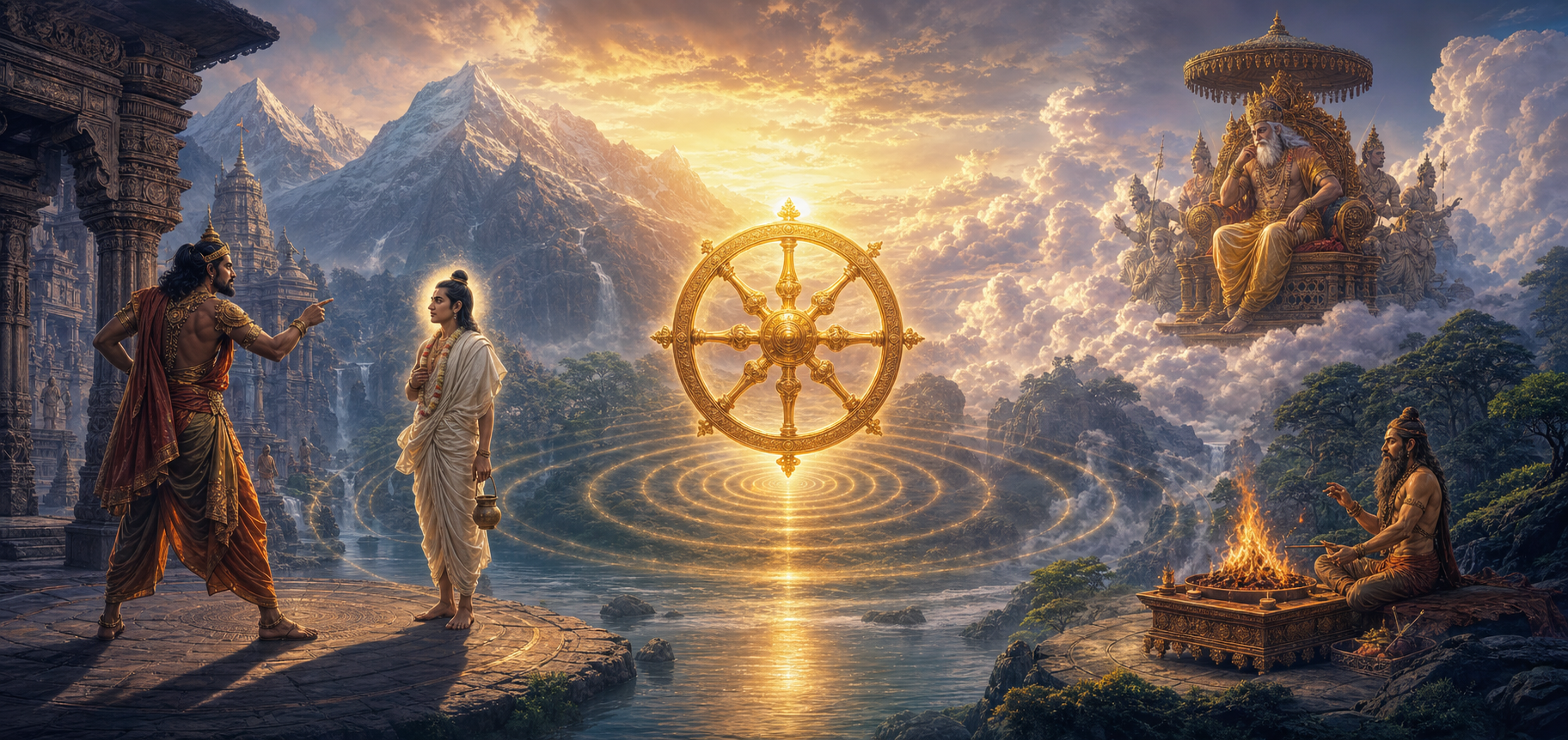 A symbolic panorama shows a temple confrontation and a celestial ruler observing an ascetic, connected by a glowing wheel and spreading ripples of consequence.