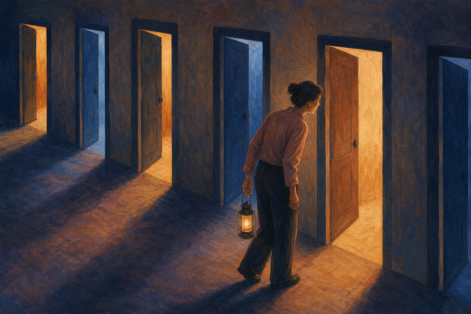 A person holding a softly glowing lantern stands in a corridor where partly open doors cast alternating bands of warm light and cool shadow.