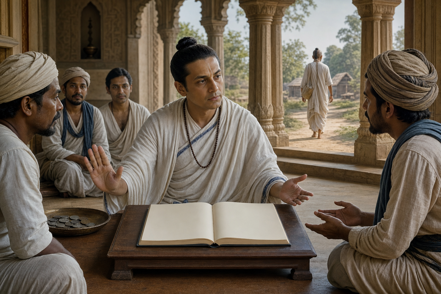 A conceptual scene of a scholar-administrator listening to two petitioners, declining a tray of coins, and later leaving courtly life as a renunciant.